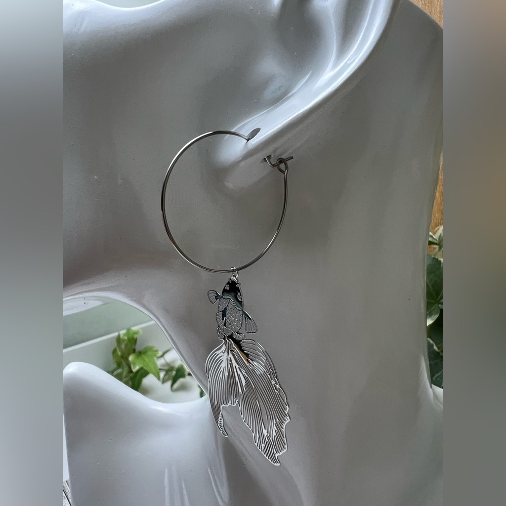 Oversized Silver Fish Hoop Earrings - Unique Statement Hoop Earrings